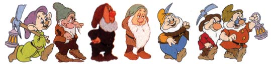 The seven dwarfs whistling while on their way to work 